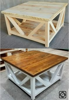 two different pictures of a coffee table made out of pallet wood and white paint