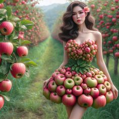 a woman in a dress made out of apples standing next to a field with trees