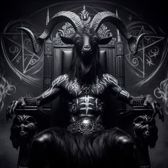 a horned goat sitting on top of a chair in front of a black and white background