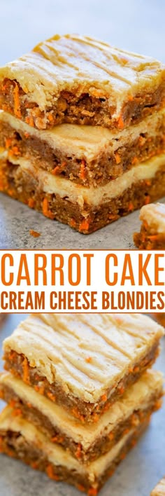 carrot cake ice cream cheese blondies stacked on top of each other with text overlay