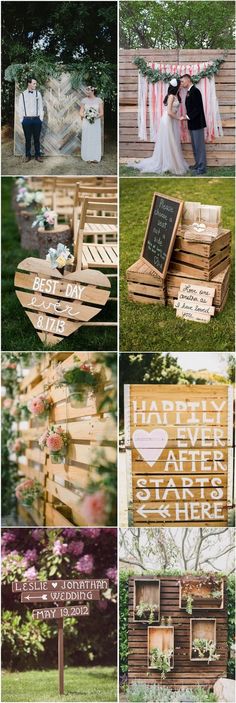 a collage of photos showing different types of wedding decorations and signs on wooden boards