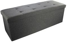 a large gray storage bench with buttons on the top and bottom part of it's seat