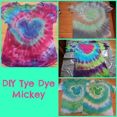 tie dye mickey mouse tshirts are shown in four different colors and sizes, with the words diy tye dye mickey on them