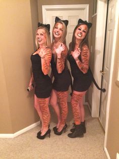 three women dressed up in cat costumes posing for the camera with their hands on their hipss