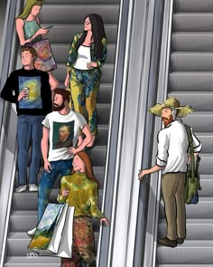 people walking down an escalator with paintings on them