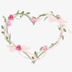 a heart shaped frame with pink roses and green leaves