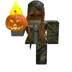 a woman in camo holding a lit up jack - o'- lantern and wearing a face mask