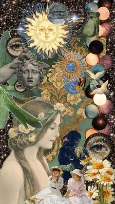 an image of a woman surrounded by flowers and planets