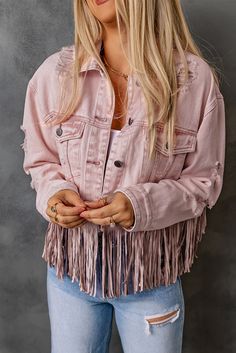 Pink Distressed Fringed Cropped Denim Jacket Pink Denim Jacket, Cozy Wear, Causal Dresses, Square Neck Dress, Distressed Denim Jacket, Cropped Denim Jacket, Pink Jacket, Dress Measurements, Cropped Jacket