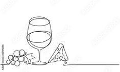 a line drawing of a glass of wine with cheese and grapes on the table next to it