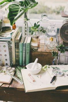 a wooden table topped with lots of books next to a potted plant and other items