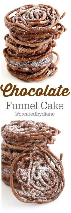 chocolate funnel cake is stacked on top of each other with the words chocolate funnel cake