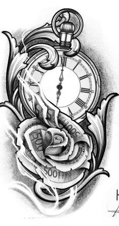 a drawing of a pocket watch with roses on it