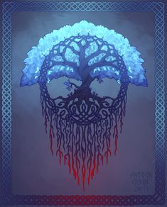 a blue tree with red and white flowers on it's head is surrounded by intricate designs