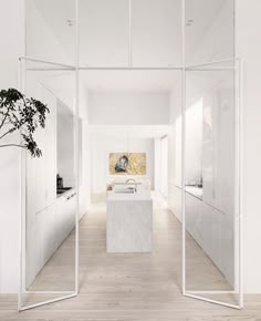 an open kitchen with white walls and wood flooring is seen through glass partitions