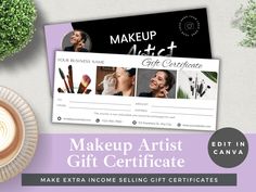 the makeup artist gift certificate is on display next to a cup of coffee and potted plant