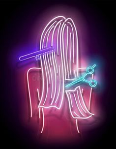 a neon sign with scissors and combs