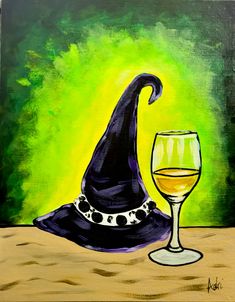 Whimsical witch halloween acrylic painting.  Learn how to paint this cute painting with a girls night out, date night, or paint & sip night.  #paintingoftheday #halloweenideas #halloweenpaintings #witchpainting #paintandsip #sipandpaintideas #diypaintingtechniques #canvaspaintingideas #datenightideas #giftforher #halloweengifts #homedecorinspiration Halloween Acrylic Painting, Whimsical Witch, Witch Painting, Cute Painting, Halloween Acrylic, Sip N Paint, Halloween Witch Hat, Whimsical Paintings, Paint Night