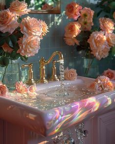 a bathroom sink with pink roses in the background