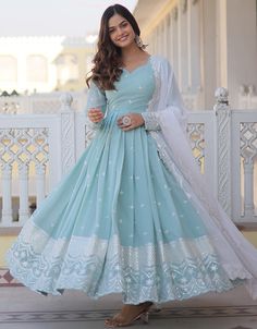 Traditional Function Wear Heavy Readymade Gown With Dupatta Collection Sky Faux Georgette Pant Gown Front View डिजाइनर कपड़े, Blue Anarkali, Georgette Anarkali, Gown With Dupatta, Designer Gown, Bollywood Lehenga, Exquisite Gowns, Anarkali Gown, Party Kleidung