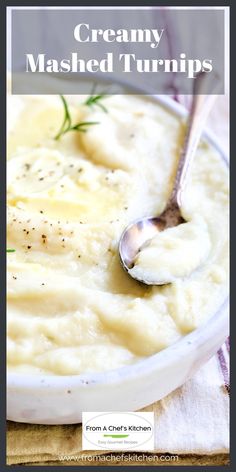 creamy mashed turnips in a bowl with a spoon