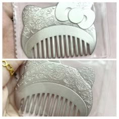 two pictures of a hair comb being held by someone's hand with scissors in it