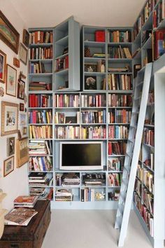 a living room with bookshelves full of books and a ladder leading up to the tv