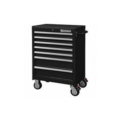 a black tool cabinet with wheels and drawers