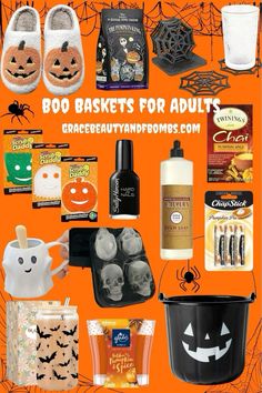 an image of halloween items for adults on orange background with text that reads boo baskets for adults