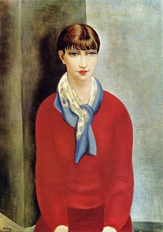 a painting of a woman wearing a red shirt and blue scarf with her hands on her hips