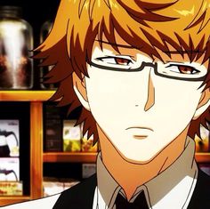 an anime character with glasses and a tie in front of a shelf full of books