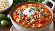 a bowl of chicken tortilla soup with sour cream and garnished cilantro