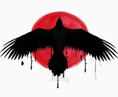 a black bird flying in front of a red sun with dripping paint on it's wings