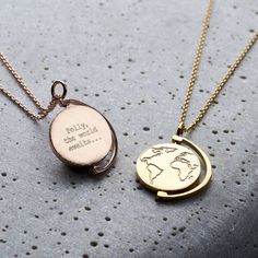 "Our stunning handmade Personalised Spinning Globe Necklace makes the perfect good luck charm for anyone who loves to travel. The necklace features a sleek sterling silver spinning pendant. One side is delicately engraved with a map of the world, the other side can be engraved with your personalised message to make a truly thoughtful gift. We offer this adorable necklace in 18ct yellow and 18ct Rose gold plate as well as our signature sterling silver. made from: The Necklace is made from 925 Ste Spinning Globe, Globe Necklace, World Map Necklace, Globe Travel, Rose Gold Plate, Travel Necklace, Pretty Jewelry Necklaces, Wedding Mementos, Travel Globe