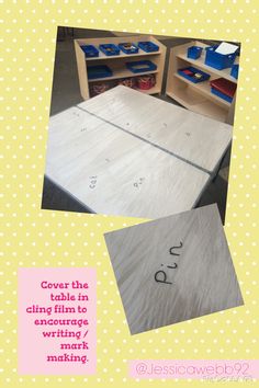 the table is made from plywood and has writing on it for kids to write