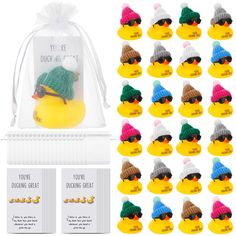 the rubber ducky hat is in a clear bag and it's packaged with 10 different colors