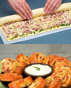 there are many different types of food on this plate and in the middle one is being rolled up