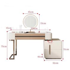 an image of a dressing table with mirror and stools in measurements for the size