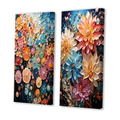 two paintings with flowers painted on them, one in blue and the other in orange