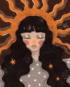 an illustration of a woman with long black hair and stars on her face, in front of the sun