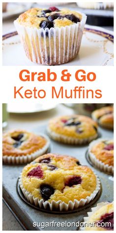 some blueberry muffins sitting on top of a baking pan with the words grab and go keto muffins