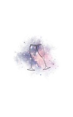 two champagne glasses sitting next to each other on top of a white surface with stars in the background