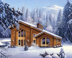 a painting of a cabin in the snow