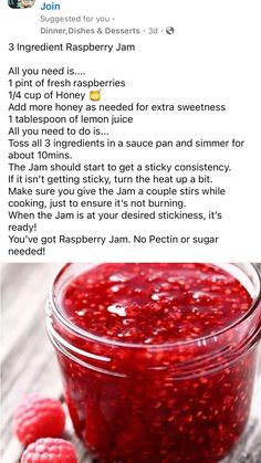 raspberry jam recipe in a jar with three raspberries