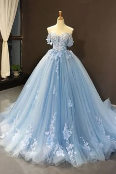 Light Sky Blue Off the Shoulder Ball Gown Tulle Prom Dress with Applique N2106 Sky Blue Prom Dress, Gaun Abad Pertengahan, Blue Wedding Dress, Baju Kahwin, Blue Ball Gown, Dress Quinceanera, Blue Ball Gowns, Prom Dresses Long Lace, Light Sky Blue