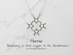 Heme Silver Necklace. This gorgeous symmetrical molecule represents heme, a deep red molecule that binds iron in the human body. The silver-plated pendant measures 1.0 inches in width and length. Purchase includes a molecule information card, a natural jewelry box, and gift packaging. Gift? Add-on a hummingbird card for only $7: https://www.etsy.com/listing/202506976/nikola-jewelry-hummingbird-card Add-on extender: https://www.etsy.com/listing/197483038/add-on-necklace-extender-chain-with Neckla Hummingbird Card, Blood Necklace, Chemistry Necklace, Doctor Jewelry, Molecule Necklace, Science Jewelry, Silver Bracelets For Women, Natural Jewelry, Information Card