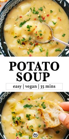 two images showing the same soup in different bowls, one with bread and another with vegetables