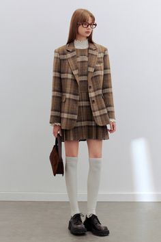 Plaid Spray Short Dress – IN.YOUR Winter Short Dress Outfit, Checkered Blazer, Thick Heel Shoes, Sleeveless Dresses, Sleeveless Short Dress, Brand Guide, Brown Plaid, Striped Blazer, Girly Fashion