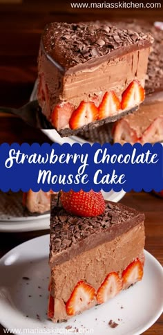 three slices of strawberry chocolate mousse cake on white plates with text overlay