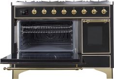 an oven that is black with gold trimmings on the front and side doors